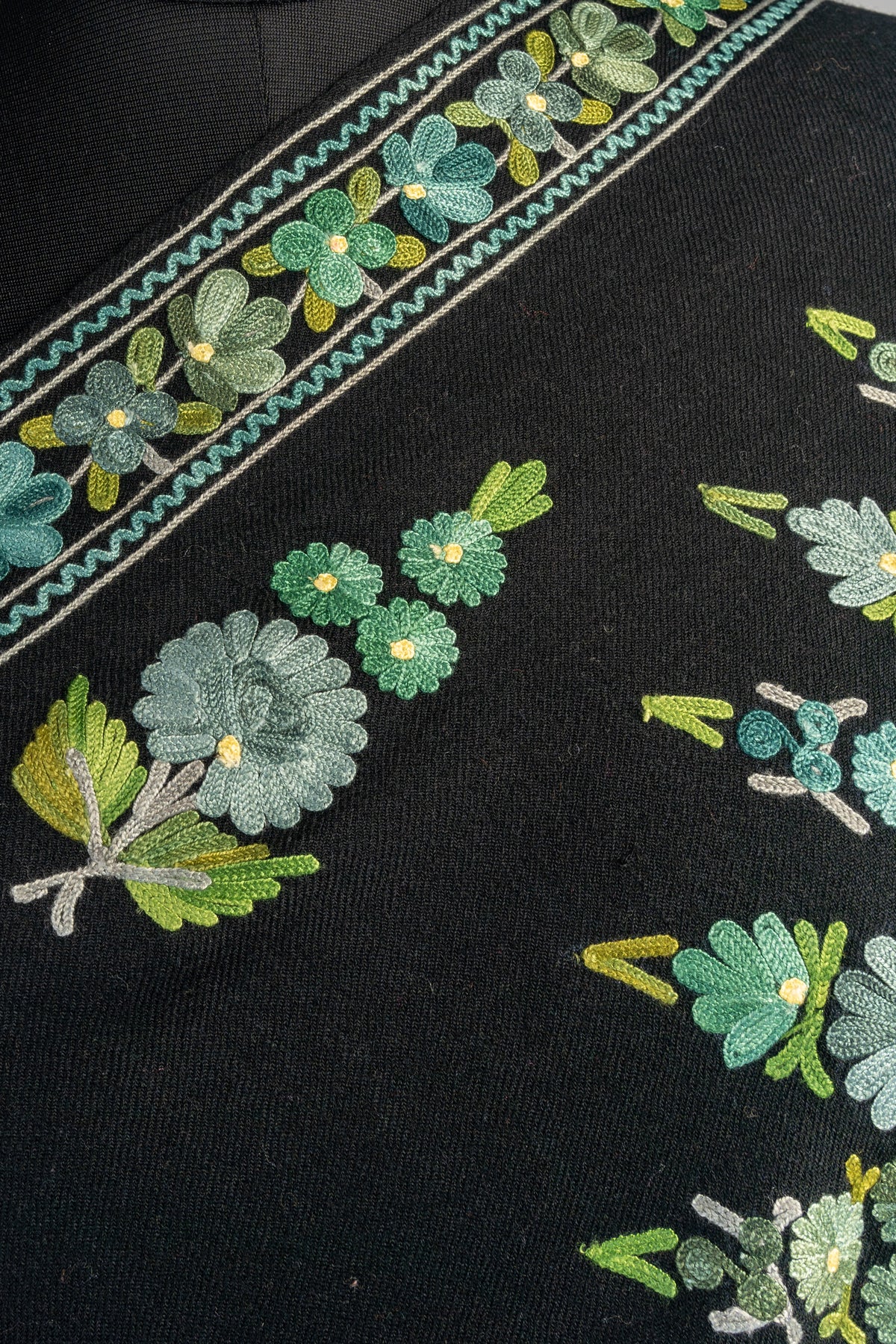 Close-up of mint and green Aari flower sprigs on black wool beneath a narrow floral border.
