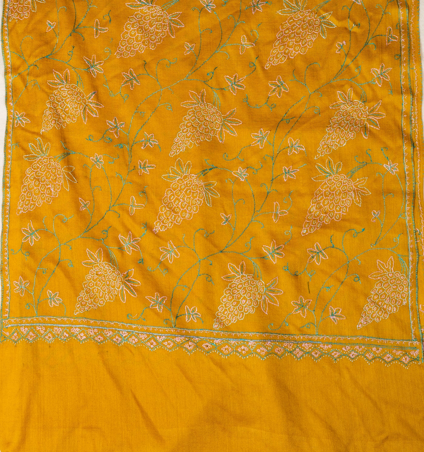 Sunlit Vines: Sozni Hand Embroidered Merino Wool Scarf in Mustard Gold