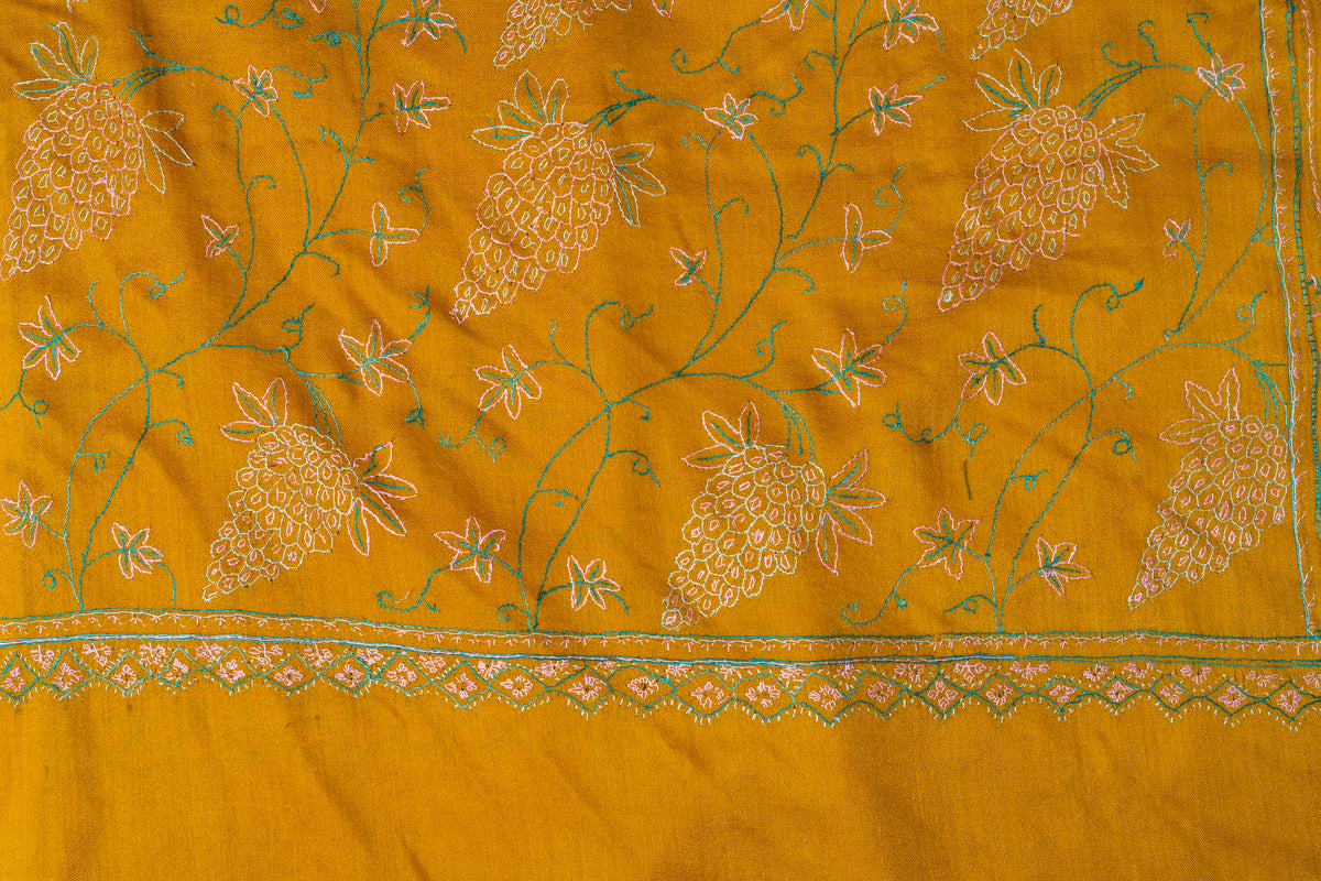 Sunlit Vines: Sozni Hand Embroidered Merino Wool Stole in Mustard Gold