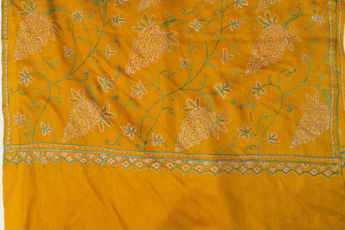 Sunlit Vines: Sozni Hand Embroidered Merino Wool Stole in Mustard Gold