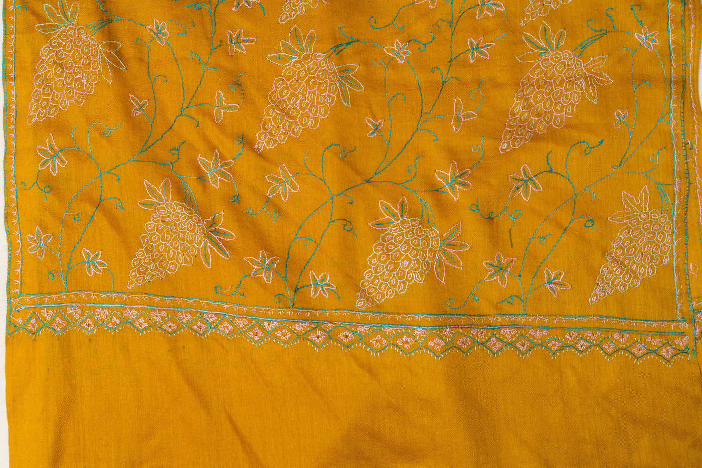 Sunlit Vines: Sozni Hand Embroidered Merino Wool Scarf in Mustard Gold
