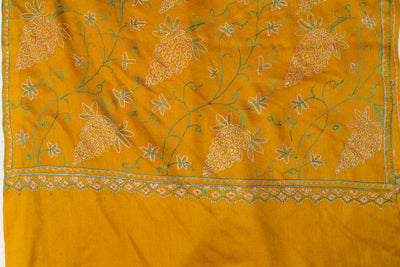 Sunlit Vines: Sozni Hand Embroidered Merino Wool Scarf in Mustard Gold