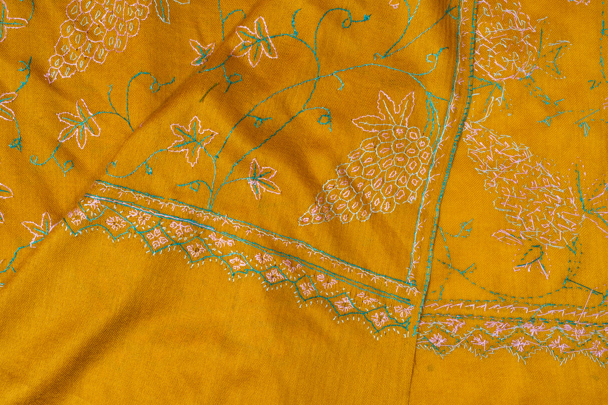 Sunlit Vines: Sozni Hand Embroidered Merino Wool Stole in Mustard Gold