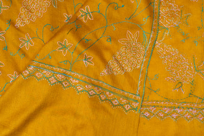 Sunlit Vines: Sozni Hand Embroidered Merino Wool Scarf in Mustard Gold