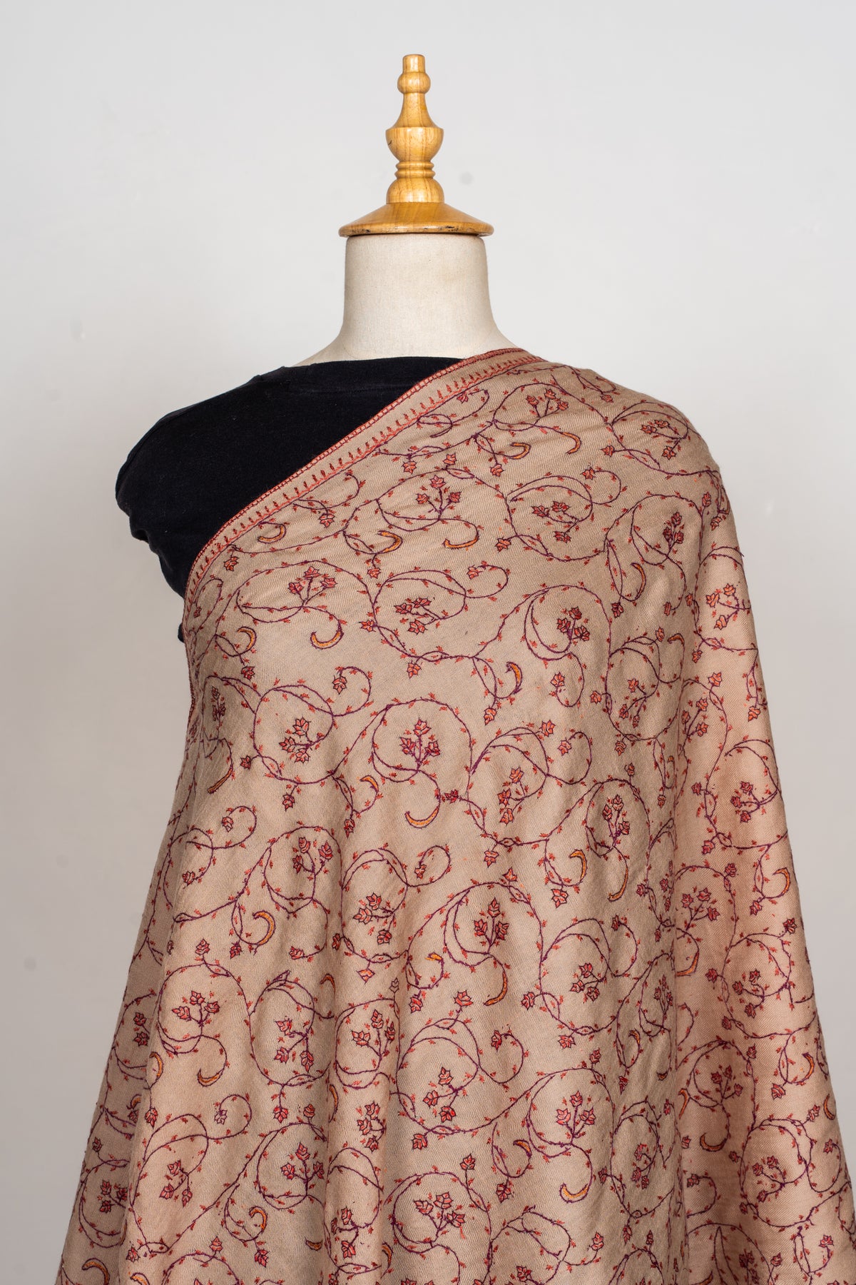 Desert Rose: Hand Embroidered Sozni Merino Wool Stole in Nude Beige