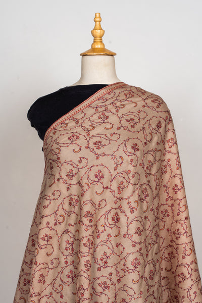 Desert Rose: Hand Embroidered Sozni Merino Wool Scarf in Nude Beige