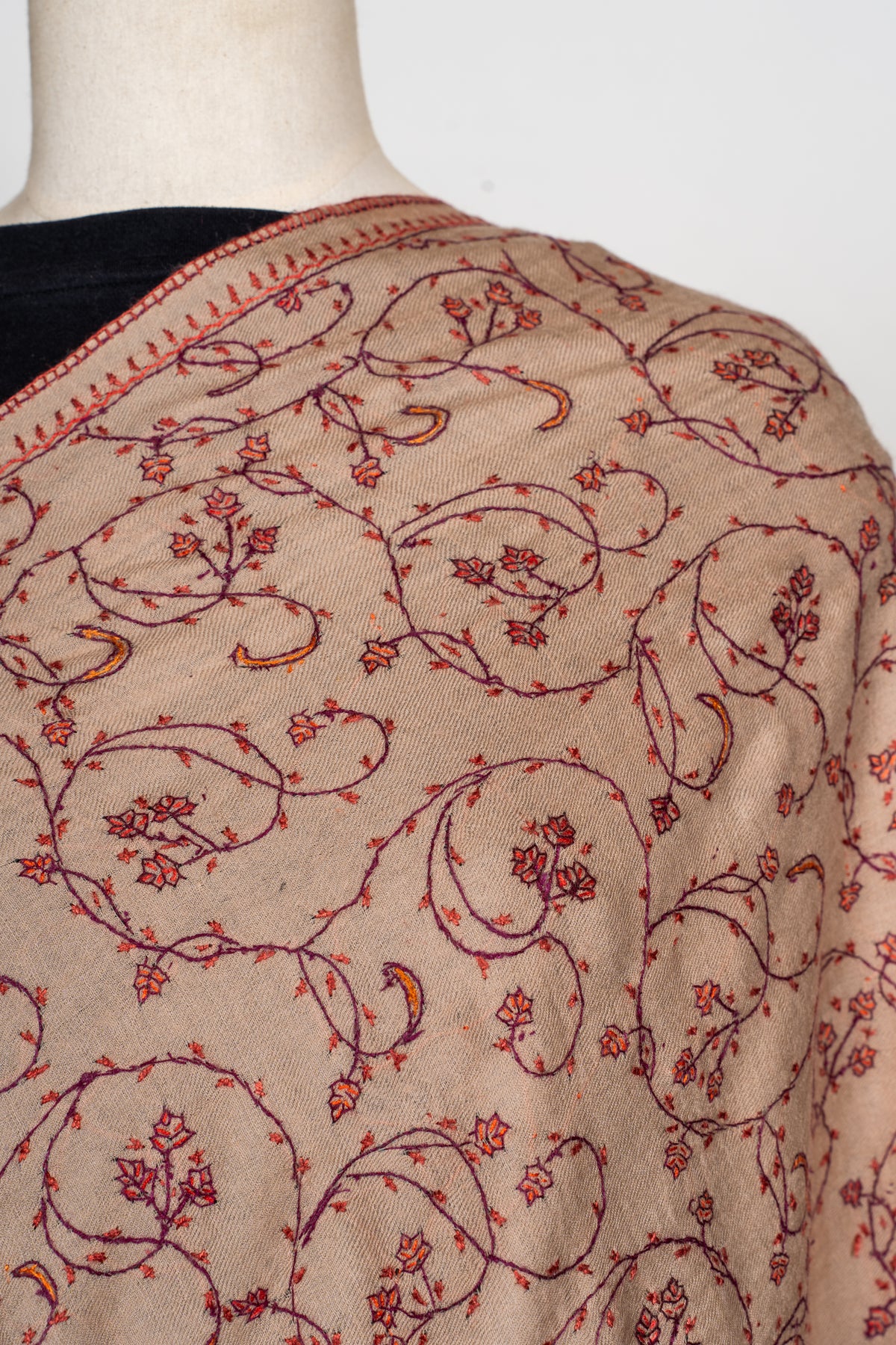 Desert Rose: Hand Embroidered Sozni Merino Wool Stole in Nude Beige