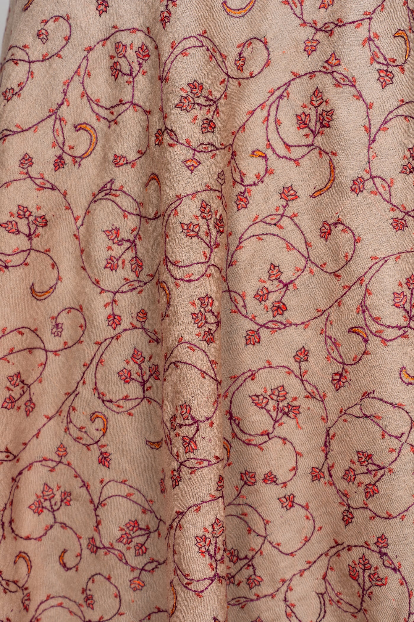 Desert Rose: Hand Embroidered Sozni Merino Wool Scarf in Nude Beige