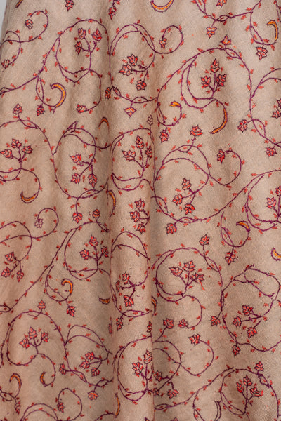 Desert Rose: Hand Embroidered Sozni Merino Wool Scarf in Nude Beige