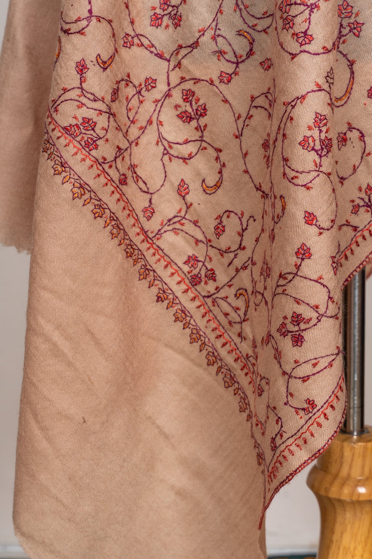 Desert Rose: Hand Embroidered Sozni Merino Wool Stole in Nude Beige