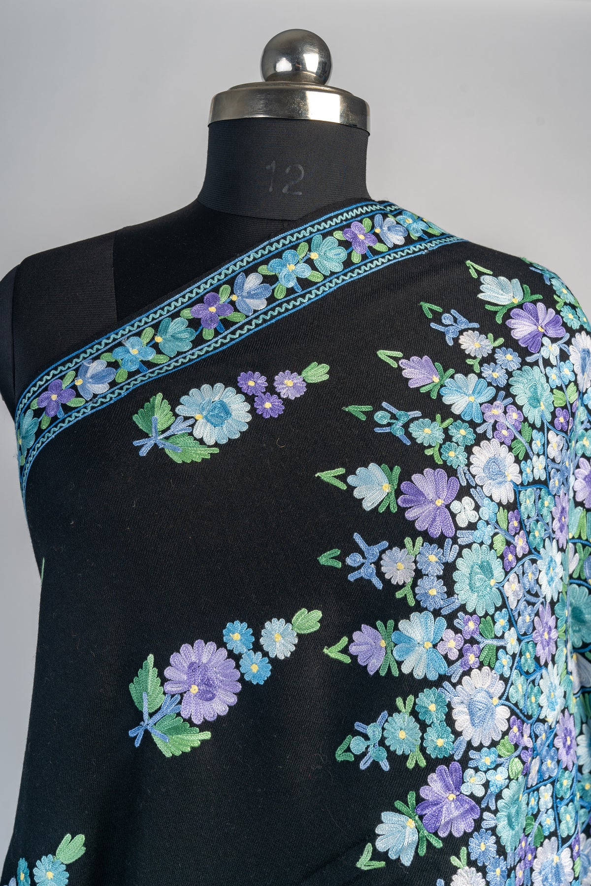 Merino Wool Stole with Lavender and Blue Aari Embroidery