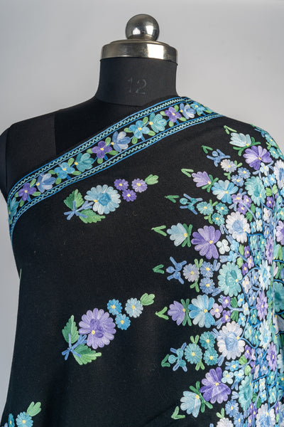 Merino Wool Scarf with Lavender and Blue Aari Embroidery