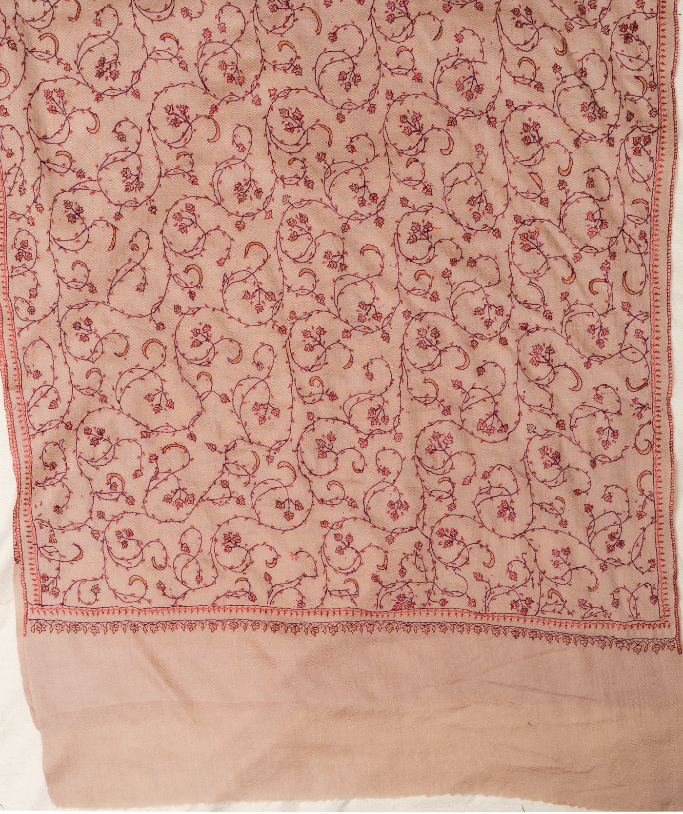 Desert Rose: Hand Embroidered Sozni Merino Wool Scarf in Nude Beige