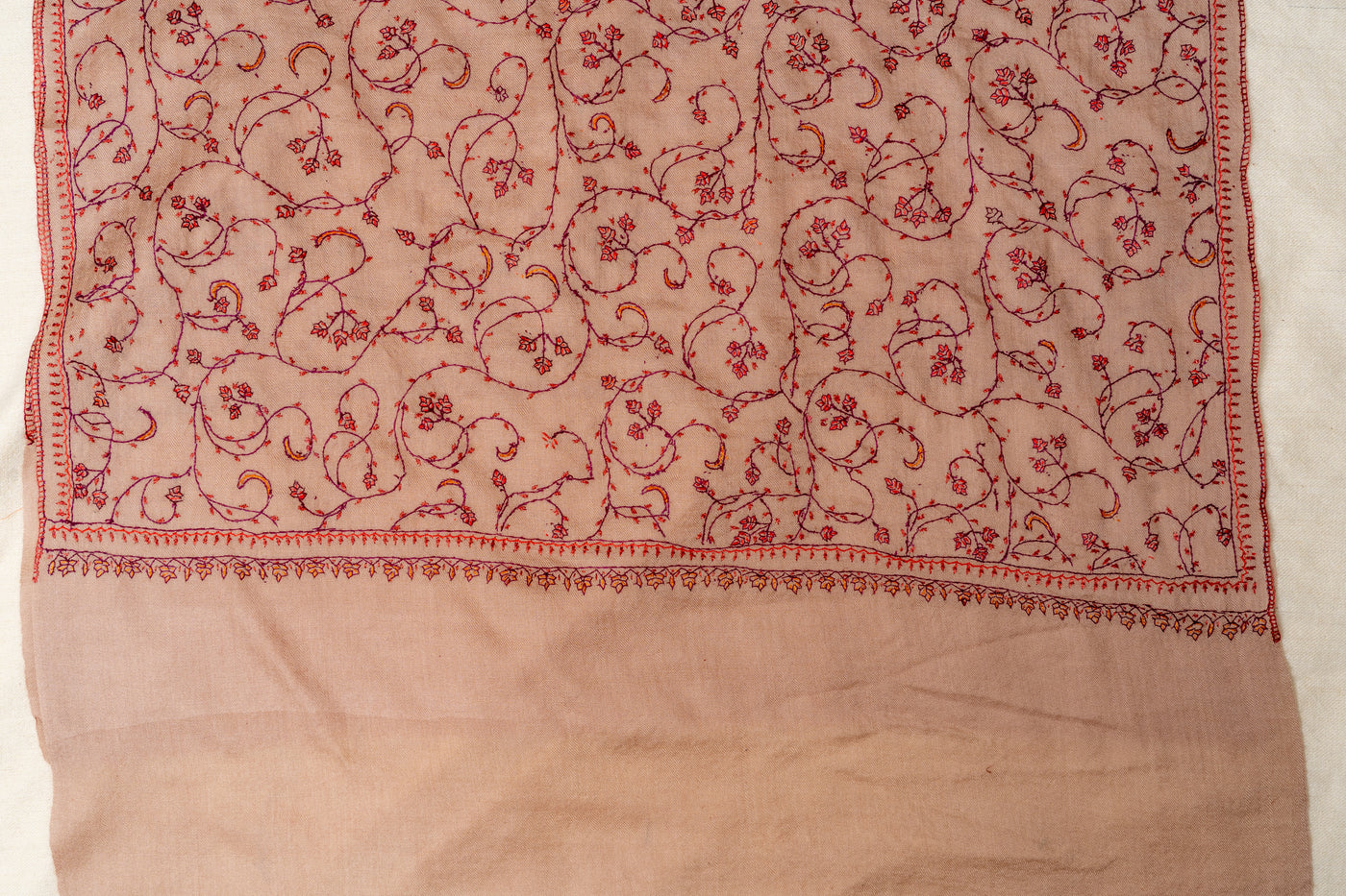 Desert Rose: Hand Embroidered Sozni Merino Wool Scarf in Nude Beige