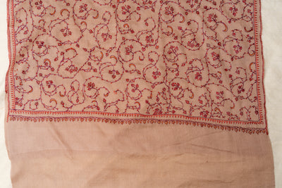 Desert Rose: Hand Embroidered Sozni Merino Wool Scarf in Nude Beige