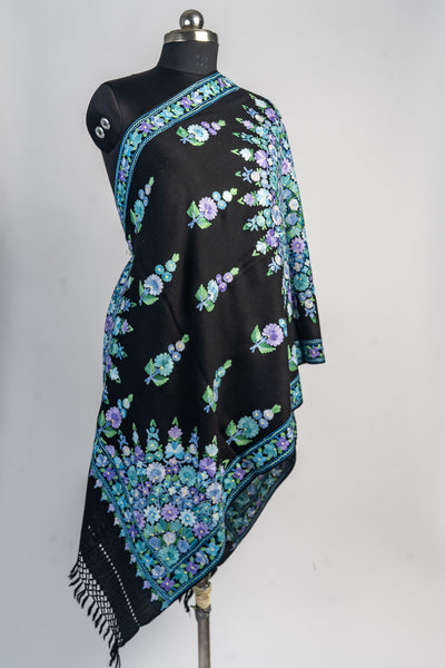 Merino Wool Scarf with Lavender and Blue Aari Embroidery