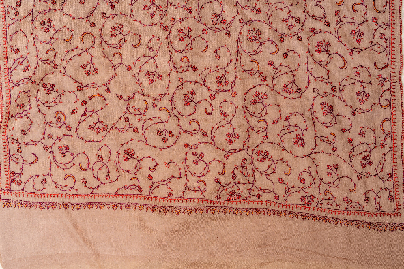 Desert Rose: Hand Embroidered Sozni Merino Wool Scarf in Nude Beige