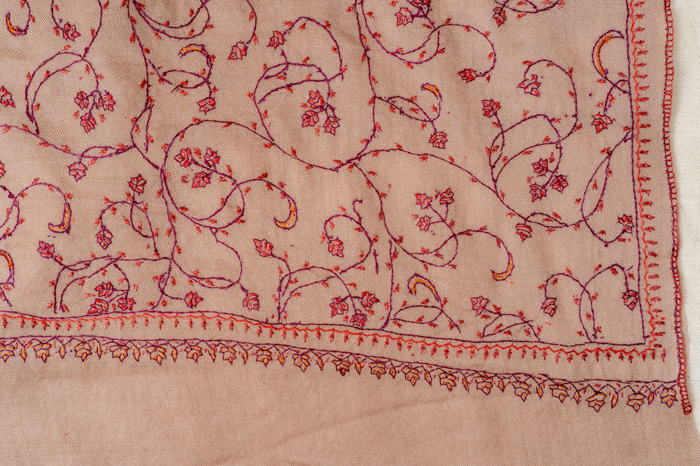 Desert Rose: Hand Embroidered Sozni Merino Wool Scarf in Nude Beige