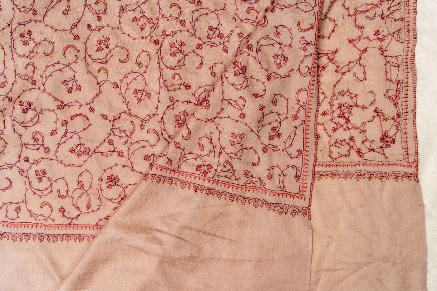 Desert Rose: Hand Embroidered Sozni Merino Wool Scarf in Nude Beige