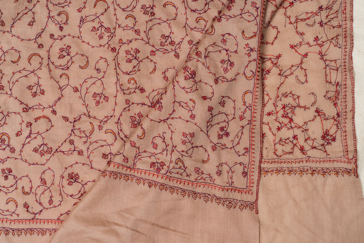 Desert Rose: Hand Embroidered Sozni Merino Wool Stole in Nude Beige