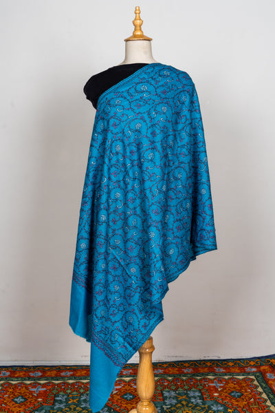 Kashmiri Sapphire: Sozni Hand Embroidered Merino Wool Scarf in Blue