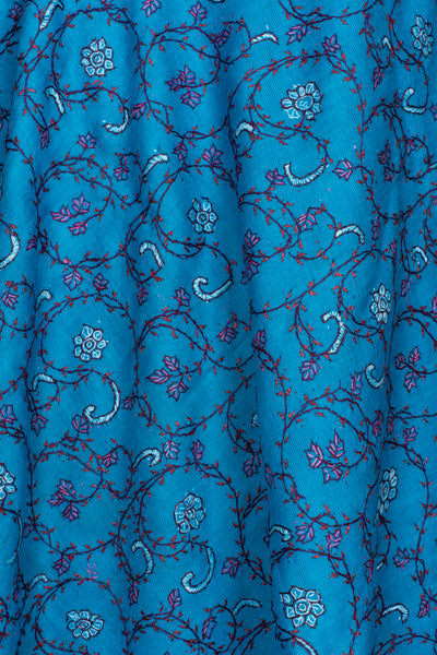 Kashmiri Sapphire: Sozni Hand Embroidered Merino Wool Scarf in Blue