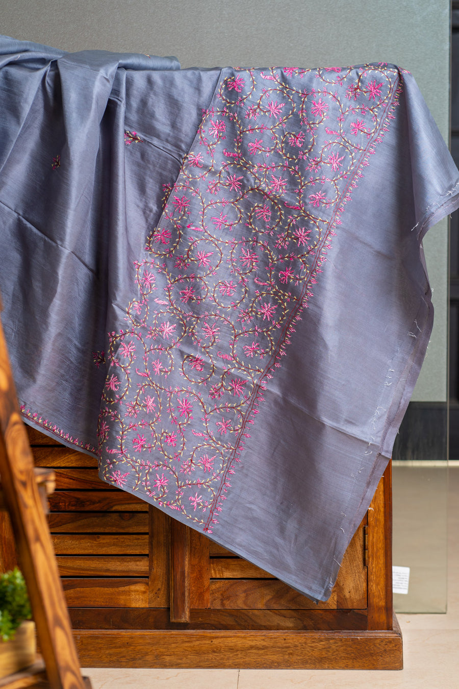 Twilight Grey Tabby Silk Saree with Sozni Hand Embroidery