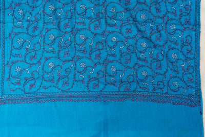 Kashmiri Sapphire: Sozni Hand Embroidered Merino Wool Scarf in Blue