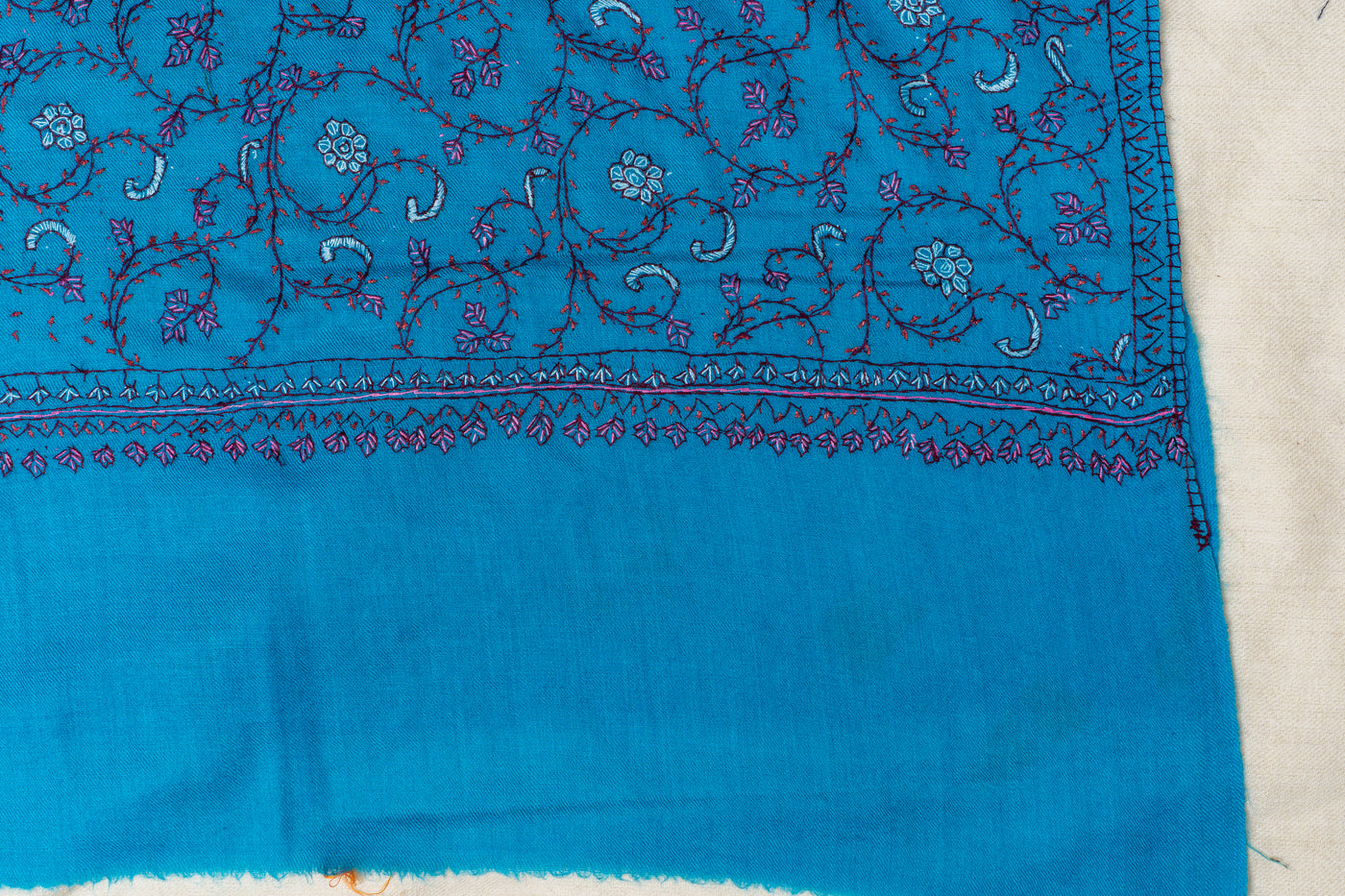 Kashmiri Sapphire: Sozni Hand Embroidered Merino Wool Scarf in Blue