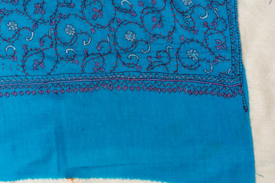 Kashmiri Sapphire: Sozni Hand Embroidered Merino Wool Scarf in Blue