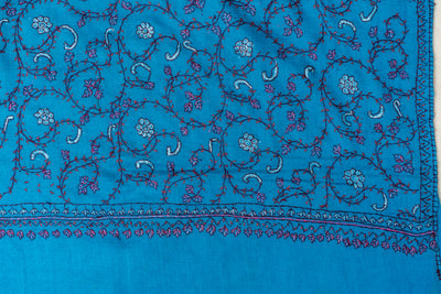 Kashmiri Sapphire: Sozni Hand Embroidered Merino Wool Scarf in Blue