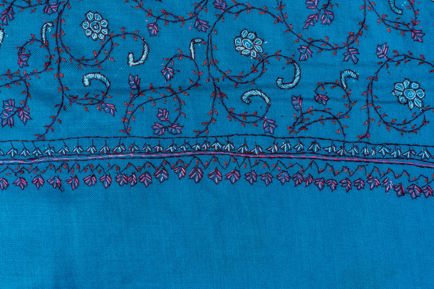 Kashmiri Sapphire: Sozni Hand Embroidered Merino Wool Scarf in Blue