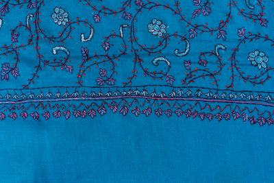 Kashmiri Sapphire: Sozni Hand Embroidered Merino Wool Scarf in Blue