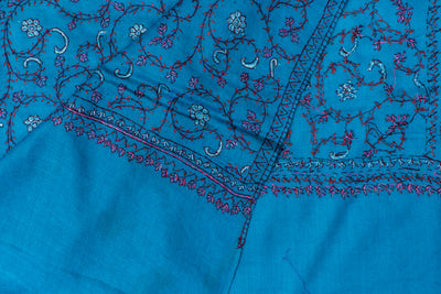 Kashmiri Sapphire: Sozni Hand Embroidered Merino Wool Scarf in Blue