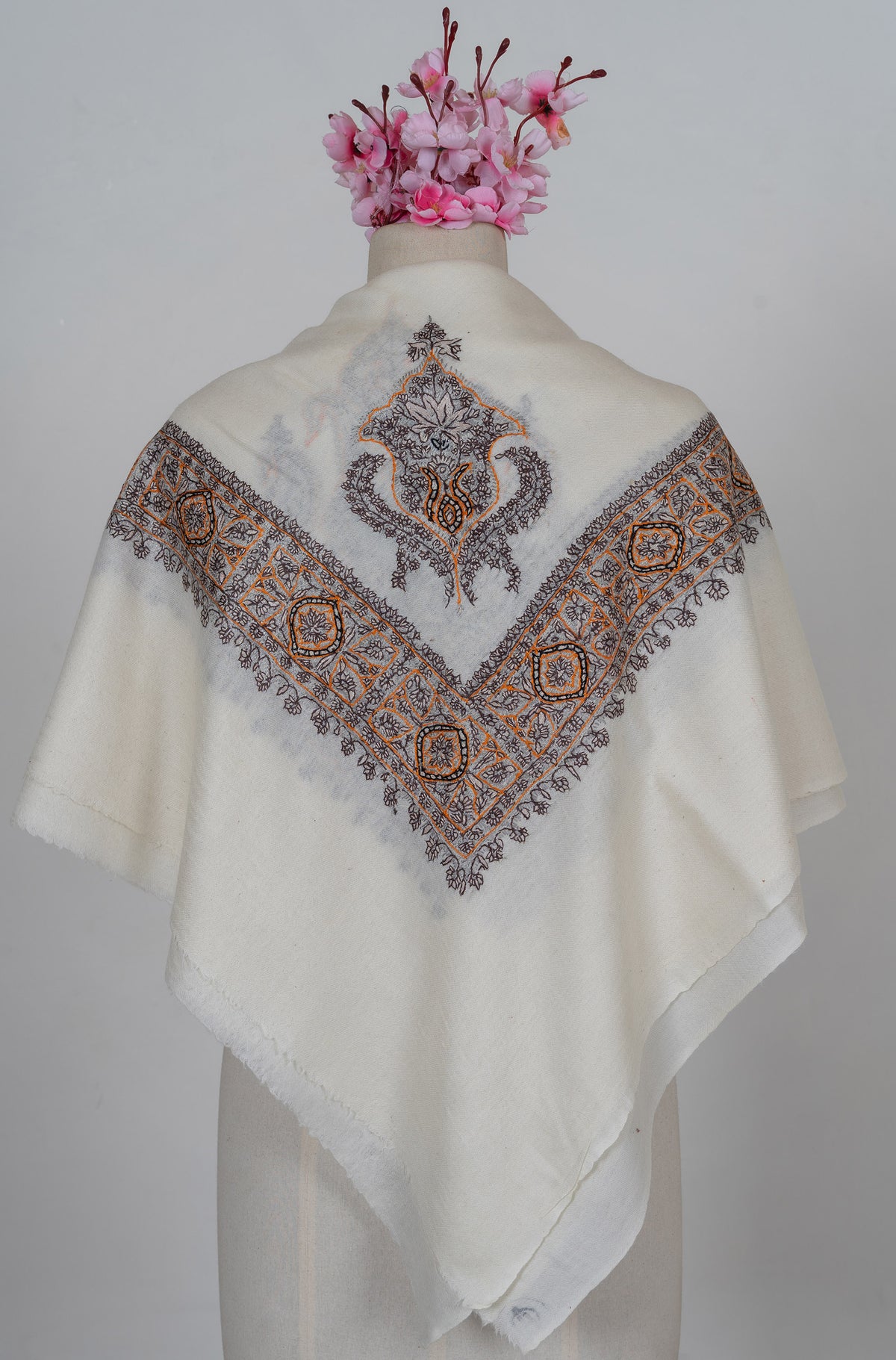Ivory Lattice Rumal — 58" Sozni Hand Embroidered