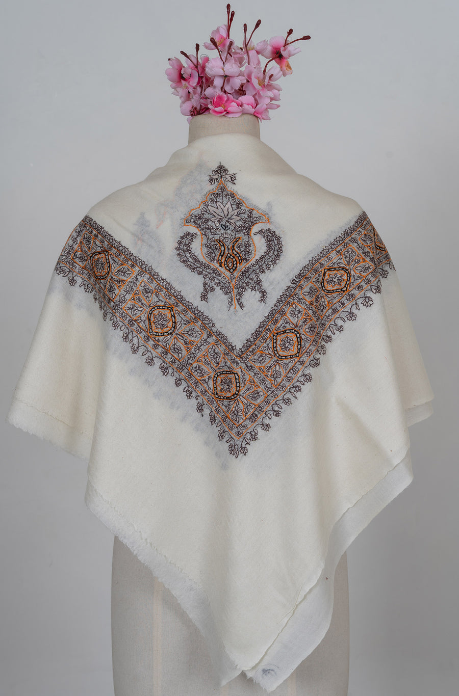Ivory Lattice Rumal — 58" Sozni Hand Embroidered