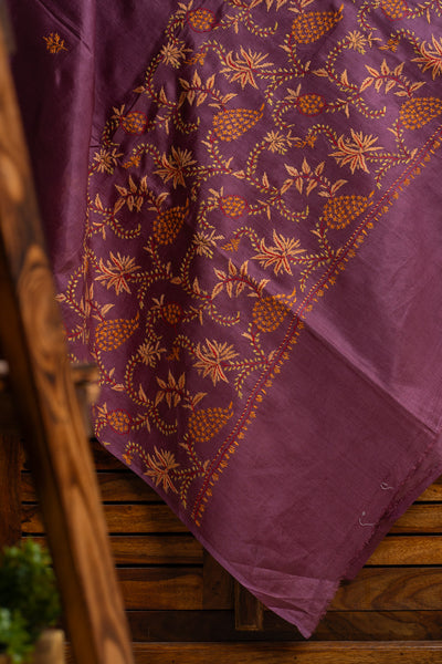 Royal Plum Tabby Silk Saree with Sozni Hand Embroidery