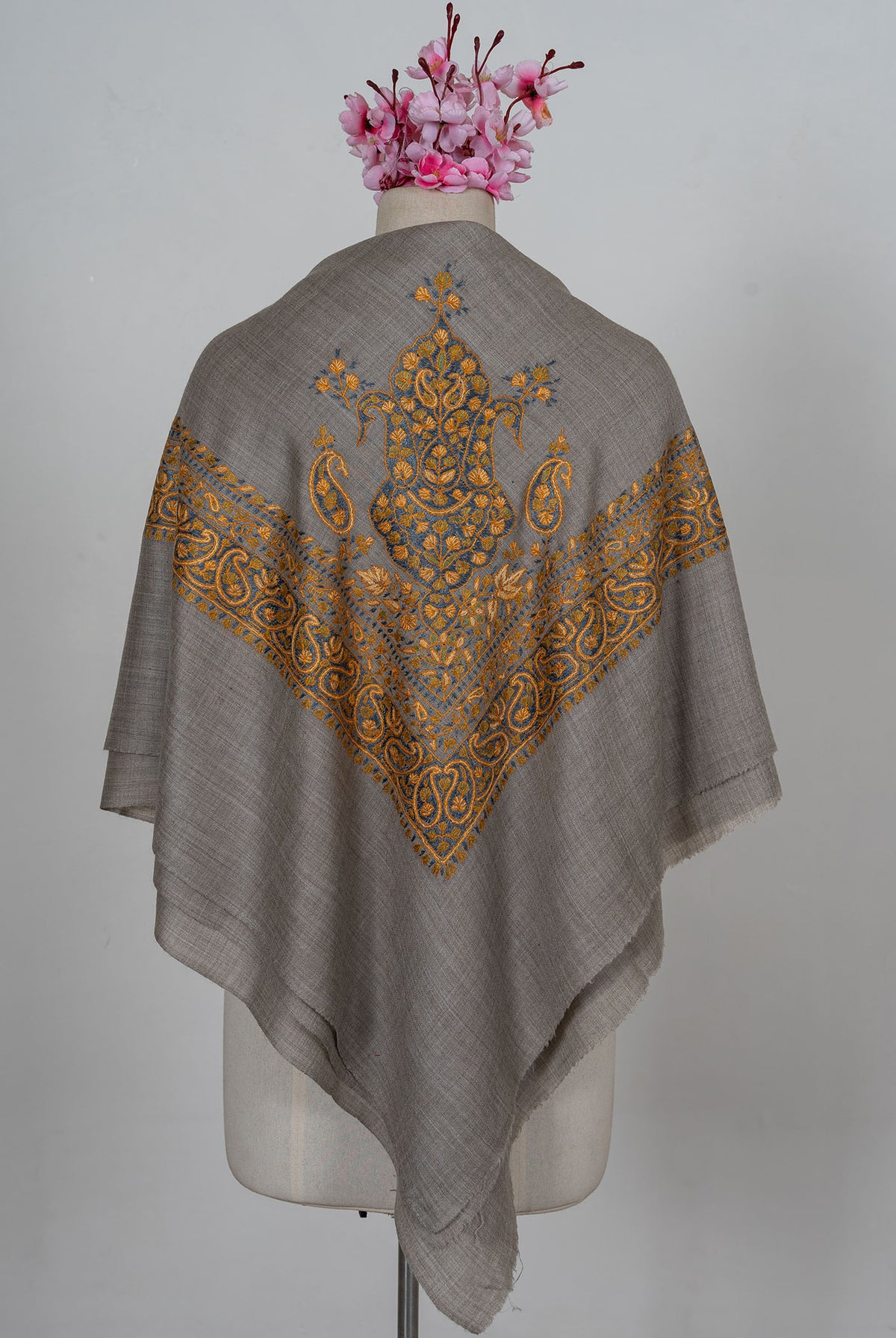 Ash Gold Rumal — 58" Sozni Hand Embroidered