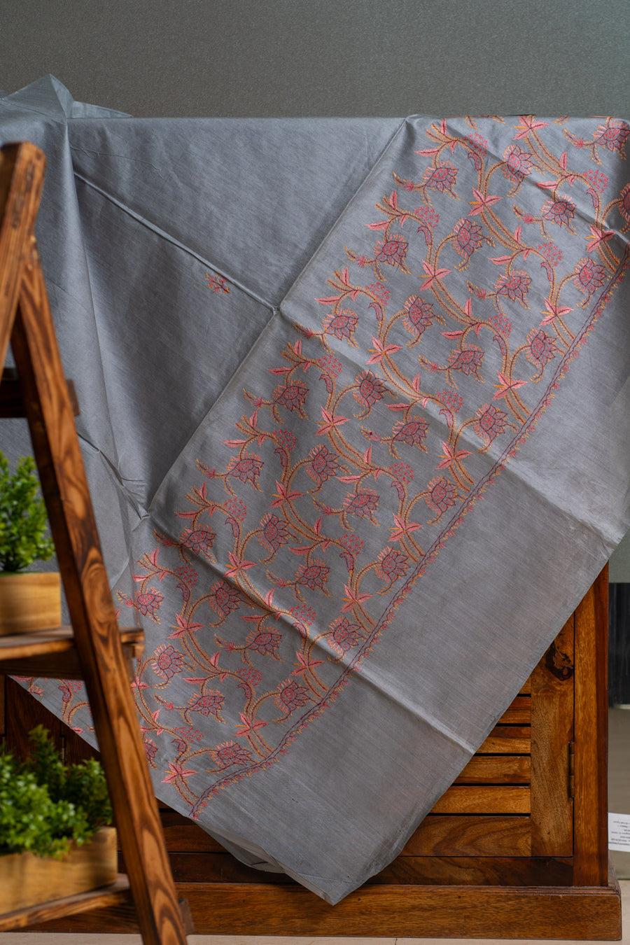 Misty Grey Tabby Silk Saree with Sozni Hand Embroidery