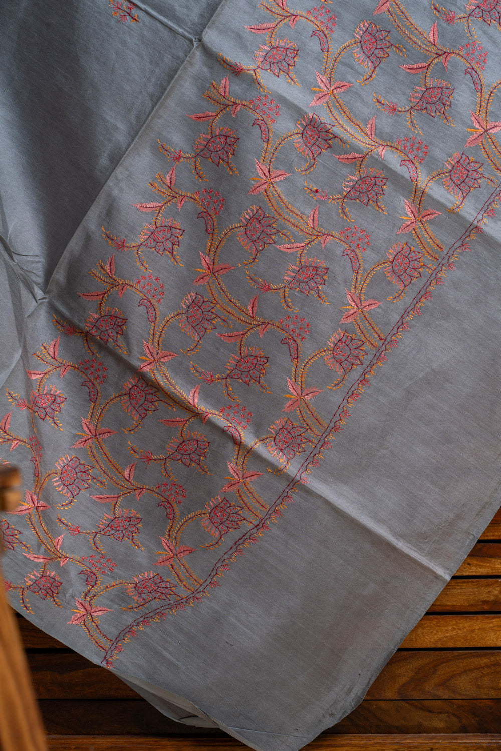 Misty Grey Tabby Silk Saree with Sozni Hand Embroidery