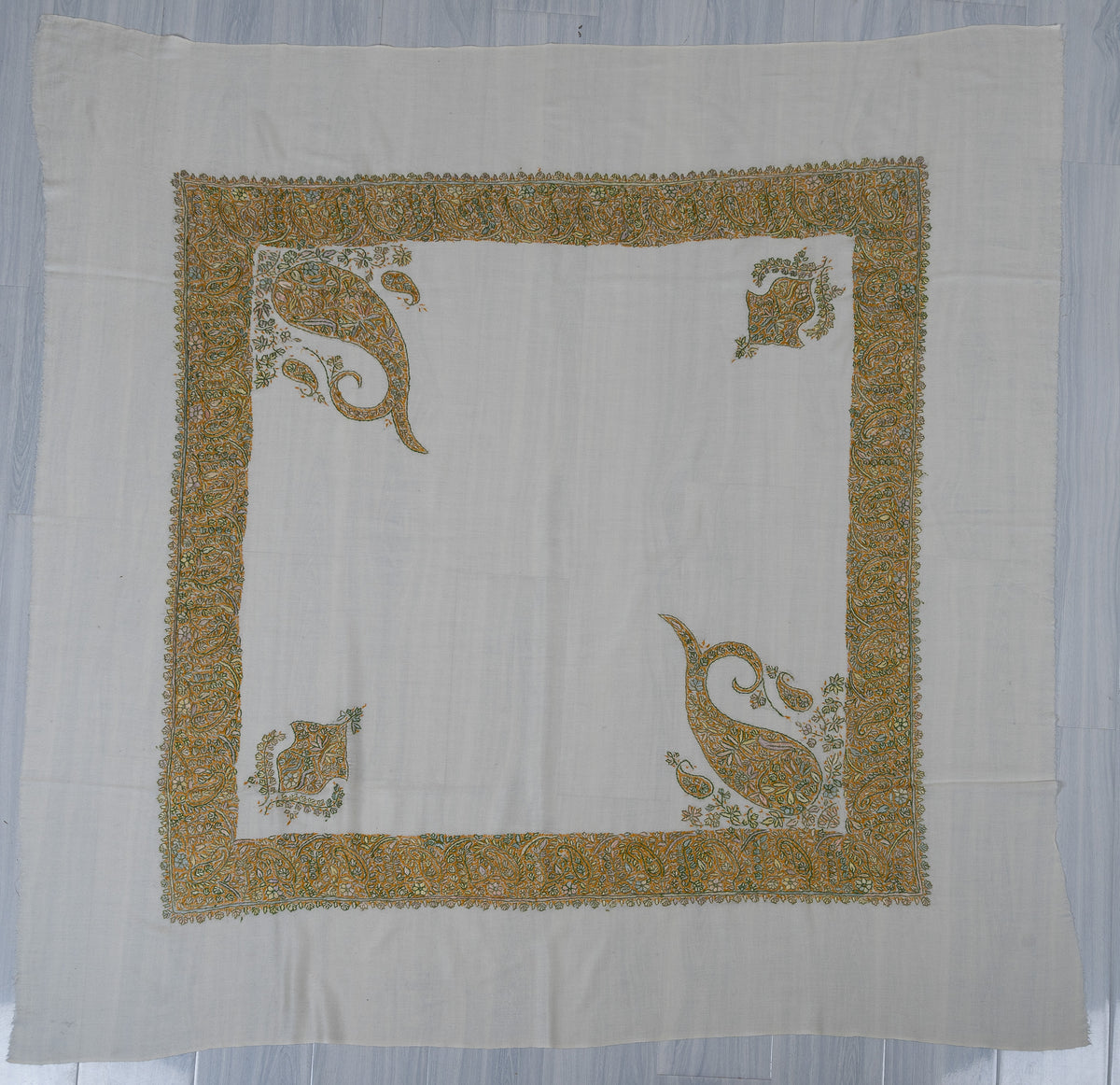 Saffron Paisley Rumal — 58" Sozni Hand Embroidered
