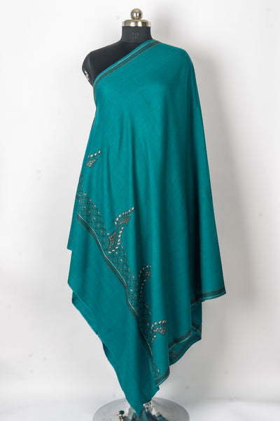 Teal Elegance: Kashmiri Hand Embroidered Shawl