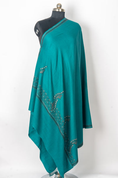 Teal Elegance: Kashmiri Hand Embroidered Shawl