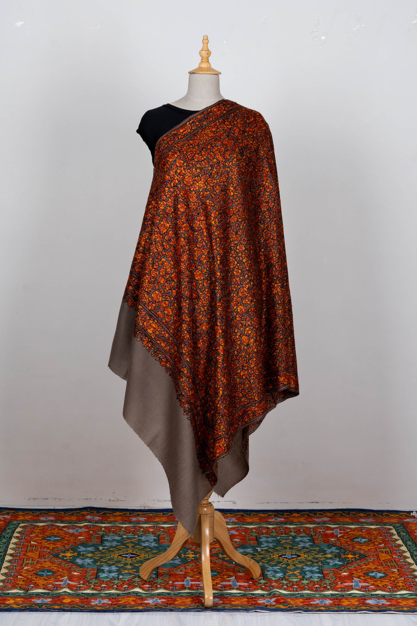 Surkh Gulshan – Sozni Hand-Embroidered Merino Wool Shawl