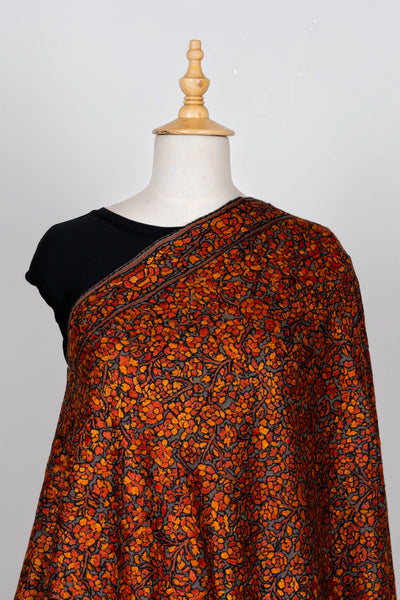 Surkh Gulshan – Sozni Hand-Embroidered Merino Wool Shawl