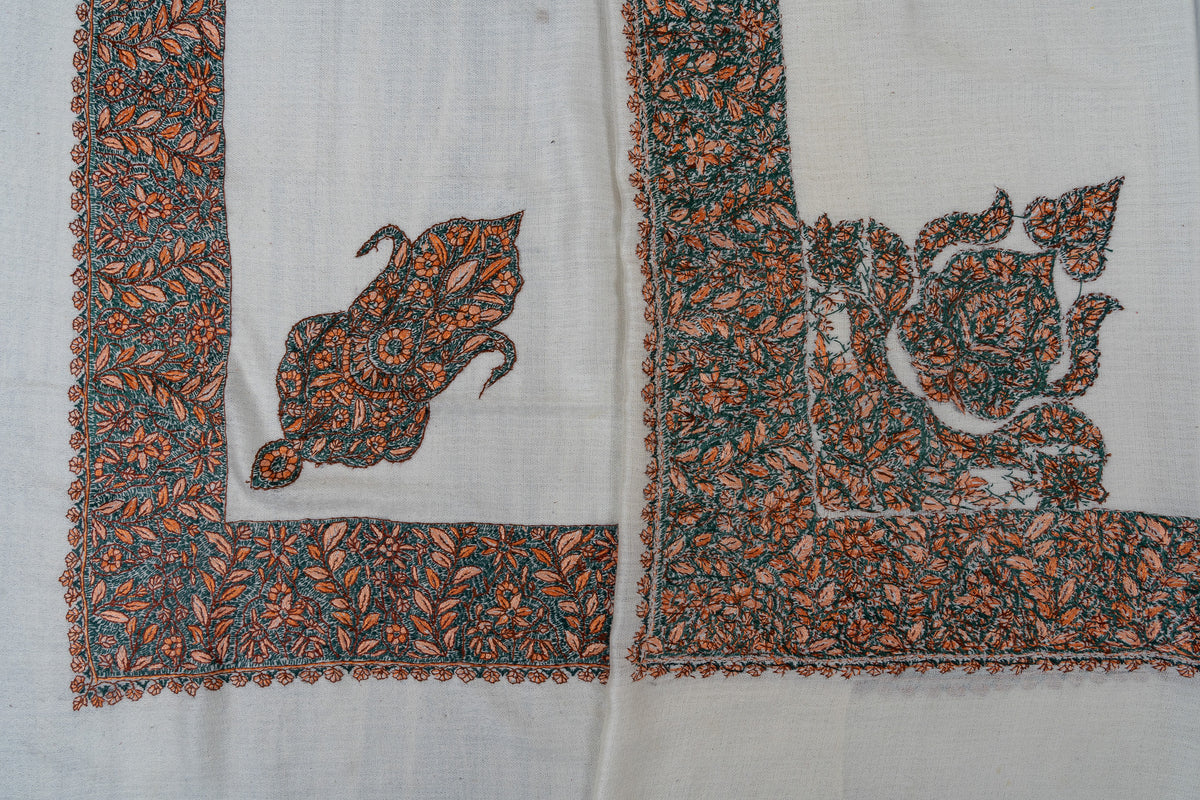 Overlapping ivory rumal corners showing a separate teal and orange motif beside a larger floral corner panel