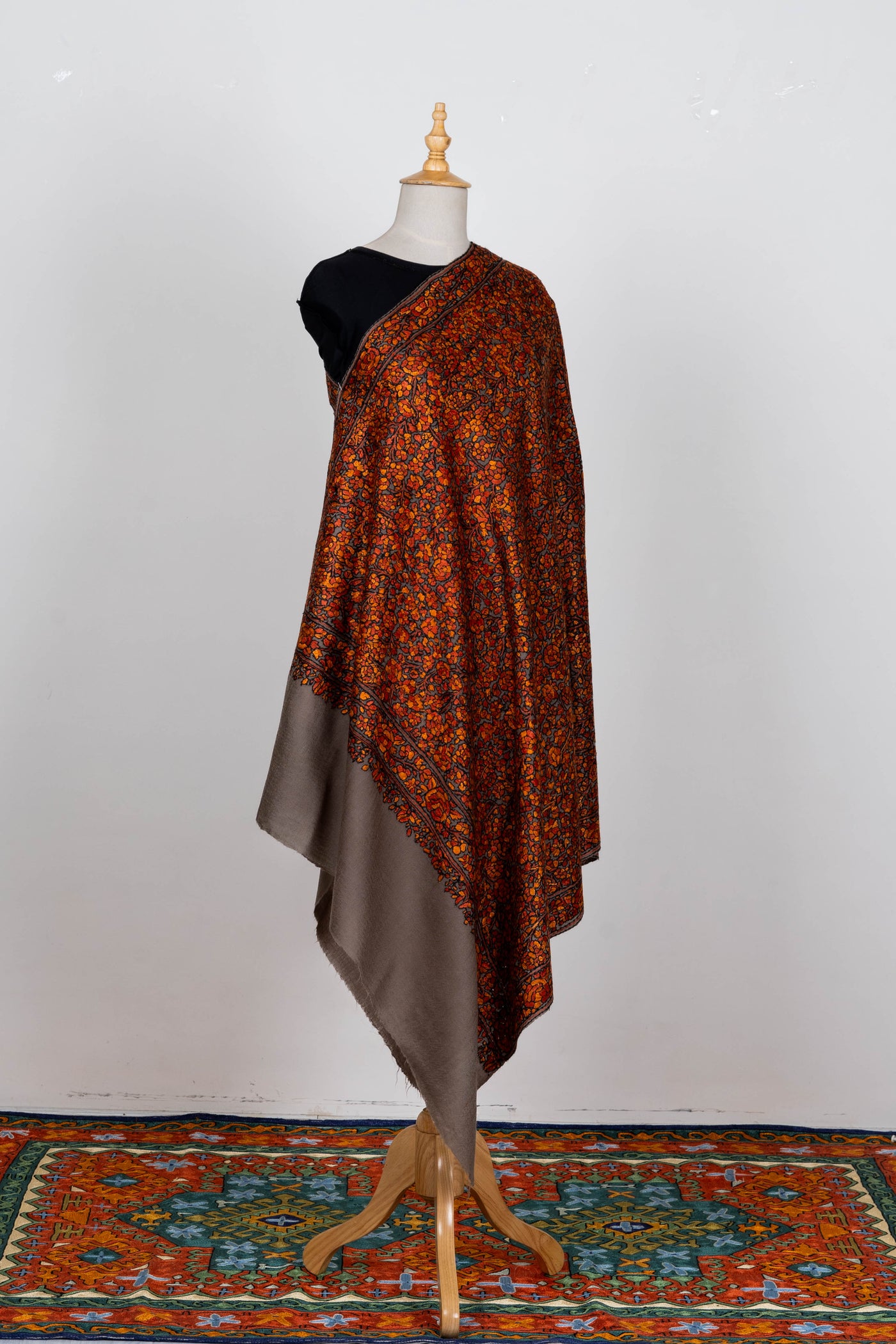 Surkh Gulshan – Sozni Hand-Embroidered Merino Wool Shawl