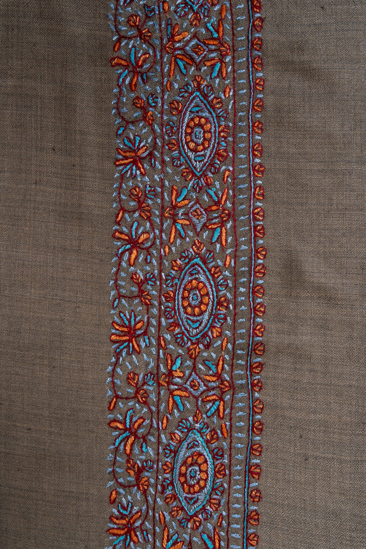 Close-up of a cedar-brown rumal border with turquoise and copper floral vines and repeating oval medallions