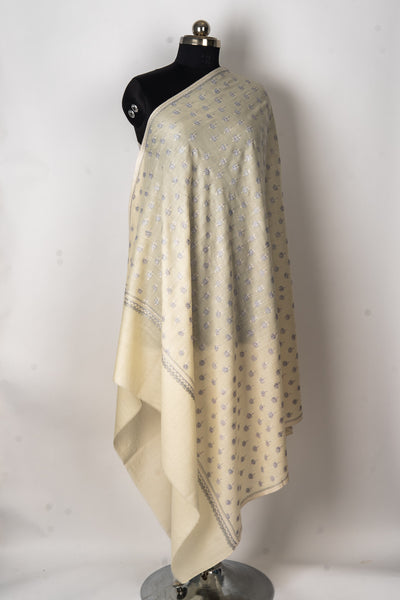 Elegance Unveiled: Hand-Embroidered Merino Wool Sozni Shawl in Ivory Splendor