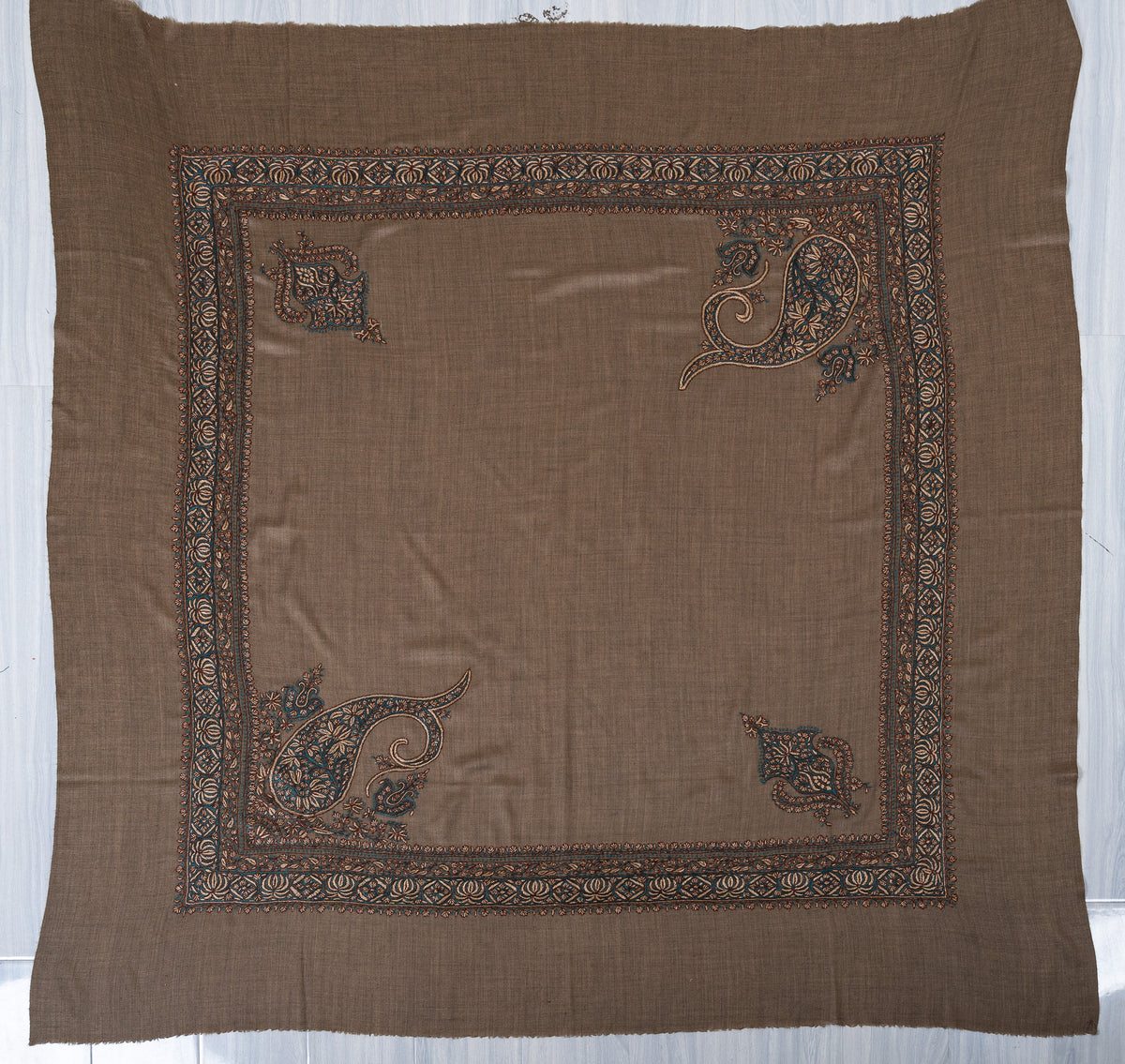 Teal Hearth Rumal — 58" Sozni Hand Embroideredv